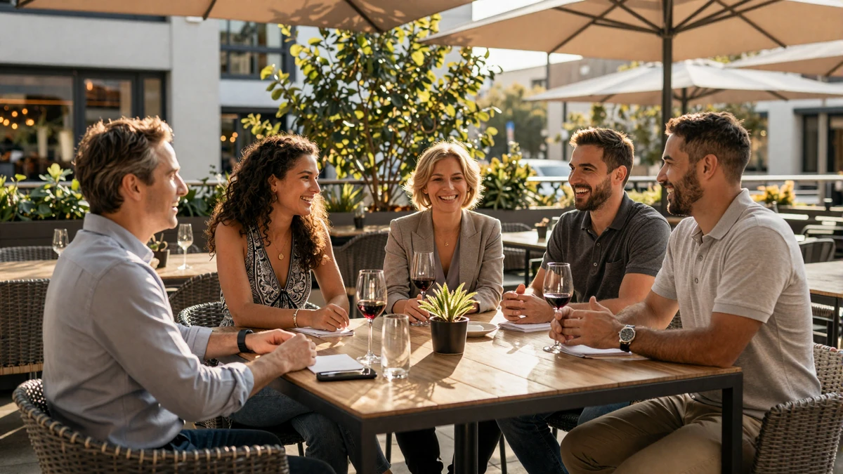 Professionals socializing at an upscale outdoor wine bar during golden hour, representing quality places to meet singles near you