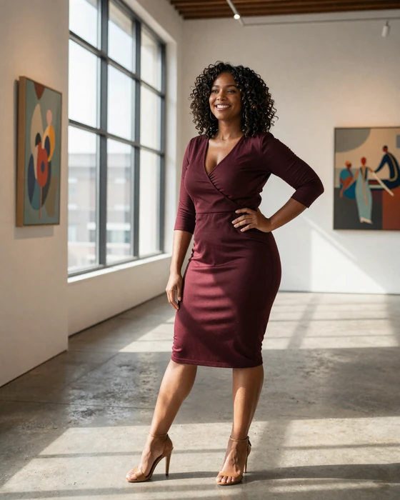 Confident professional woman in a sunlit art gallery embodying body-positive dating values