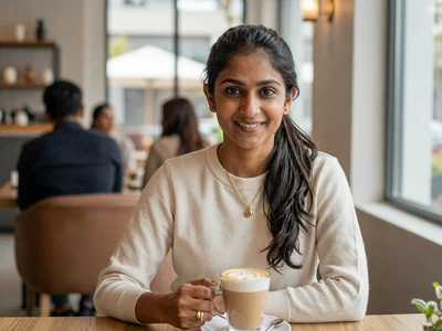 Professional woman at an upscale cafe representing physicians and specialists seeking local matches