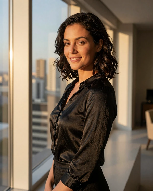 Confident professional woman in a modern high-rise apartment at golden hour representing casual dating on VIP Dating24