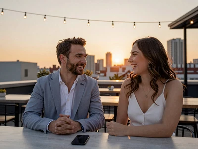 Two professionals enjoying a relaxed evening at a rooftop bar for casual dating