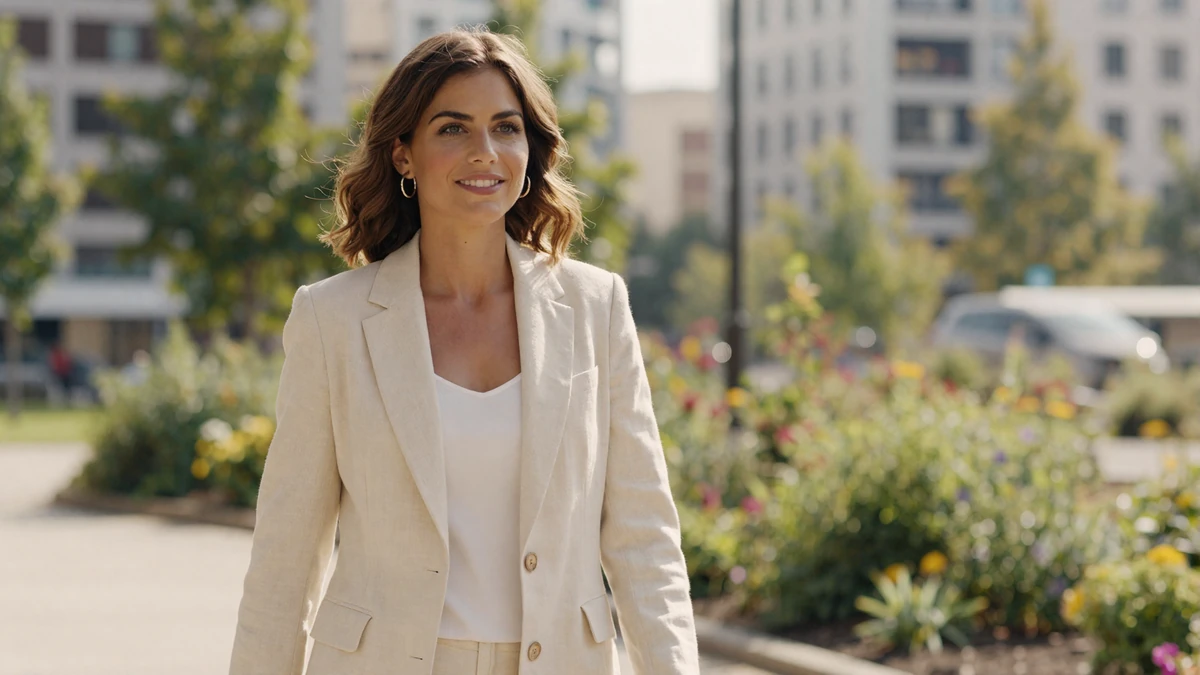 Confident professional woman walking through a sunlit urban park representing what men find attractive about women
