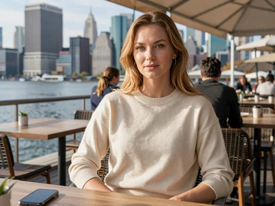 Elegant professional woman at a waterfront cafe representing local singles discovery