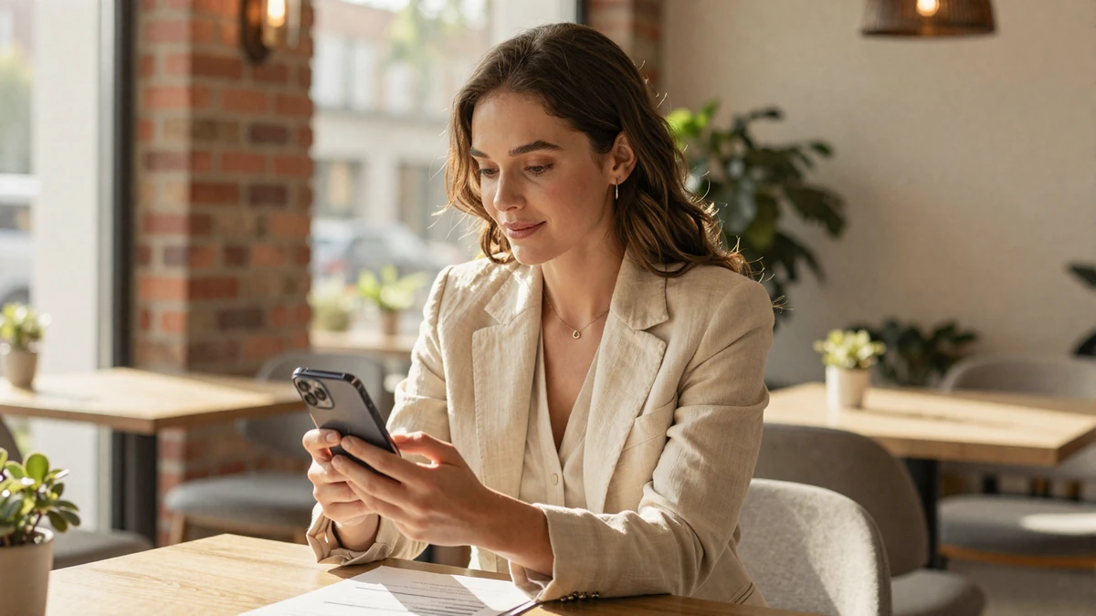 Professional woman reviewing a dating app profile at a sunlit cafe, representing safe online dating practices for high-earners in 2026