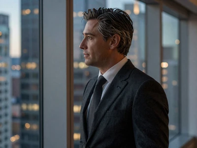 Distinguished professional man overlooking city lights representing private discreet dating