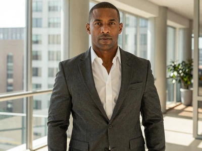 Confident executive in tailored suit standing in a modern glass office representing C-suite singles