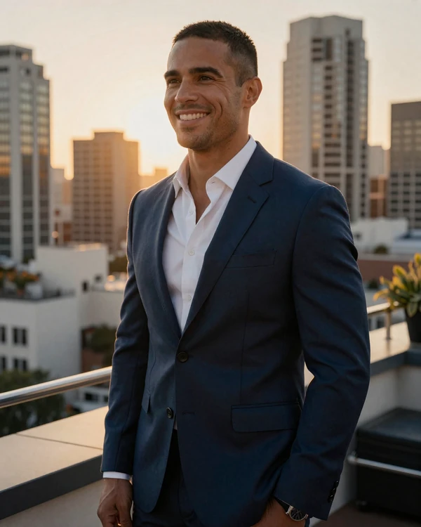 Confident professional man on a rooftop terrace at golden hour, representing the VIP Dating24 big one dating community