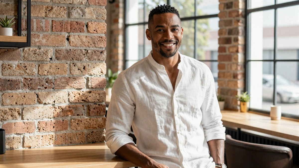 Confident man in a bright modern cafe smiling naturally, representing authentic dating confidence and body positivity