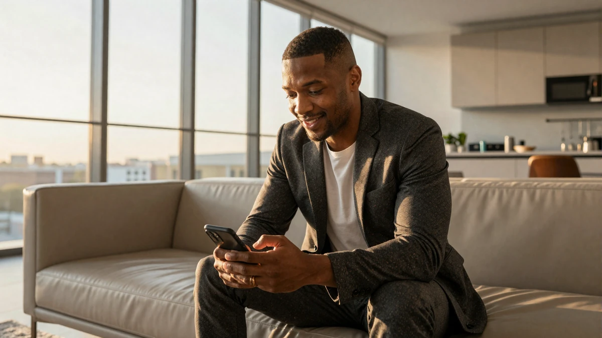 Professional man reviewing a dating app in a bright modern apartment representing the ROI of online dating for high-earners